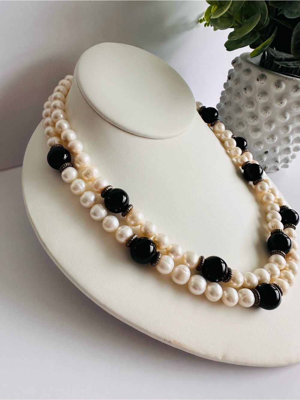 Pearl and Black Bead Double Strand Necklace